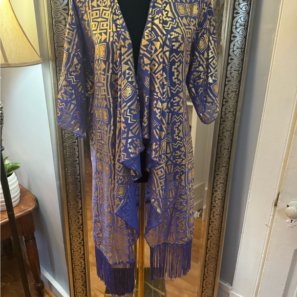 Vintage LuLaRoe Purple Gold Aztec Boho Kimono With Fringe - Picture 7 of 11